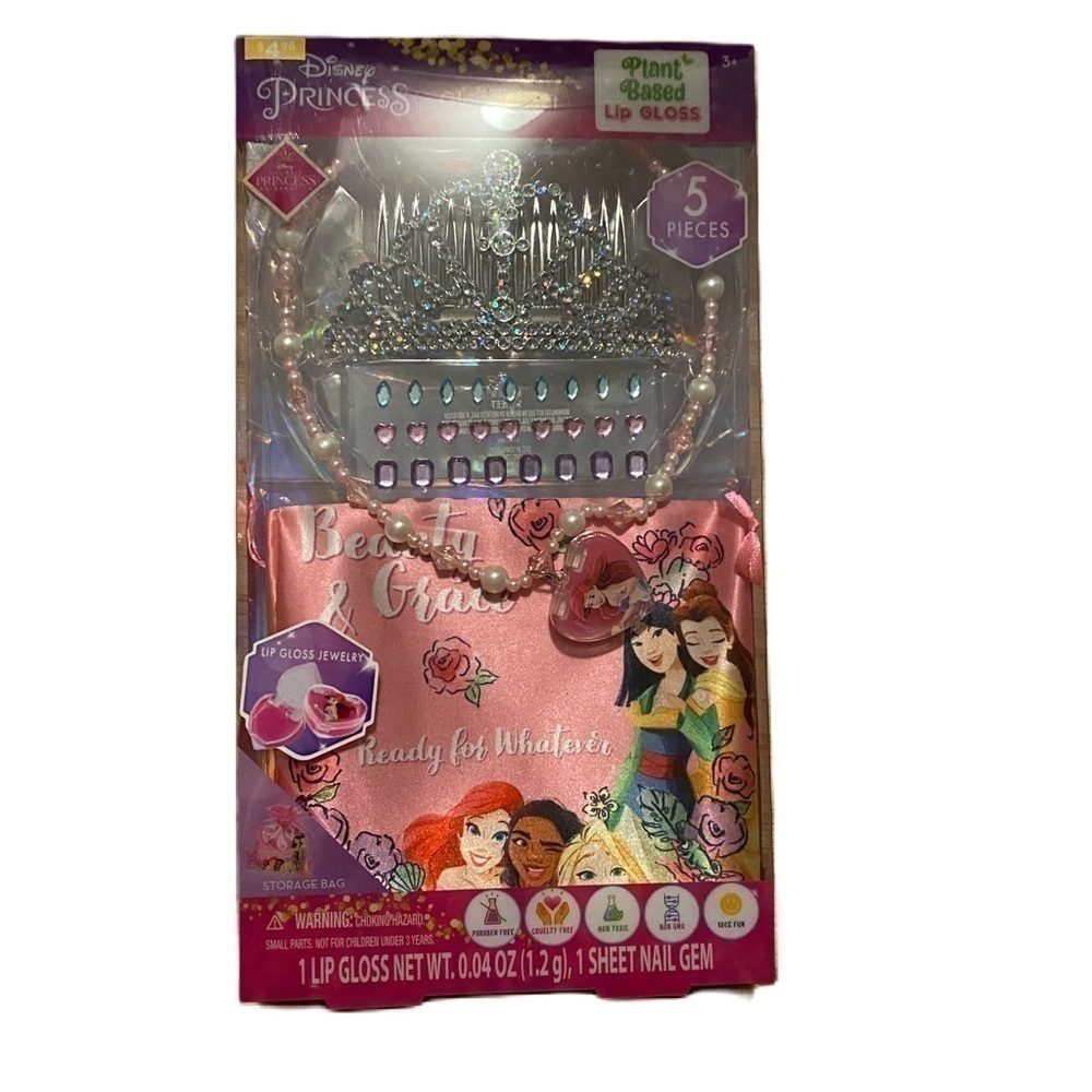 Disney Princess Collection Jewelry Necklace Tiara Hair Clip NEW Lip Gloss Bag